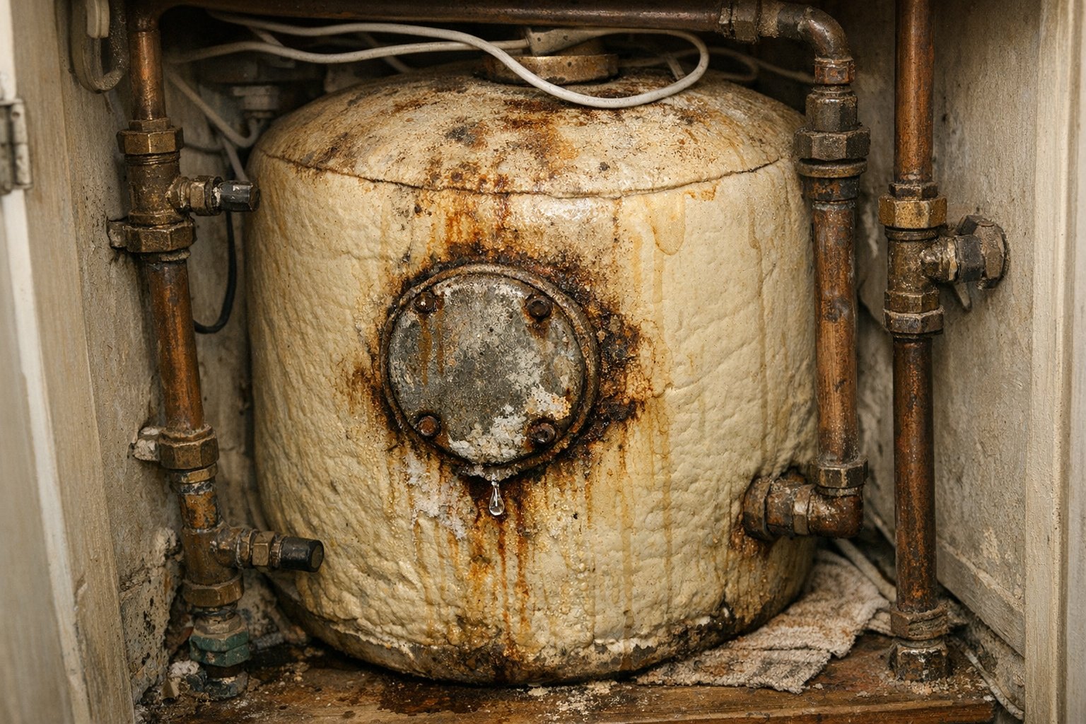 Old corroded hot water cylinder before replacement in a Manchester apartment