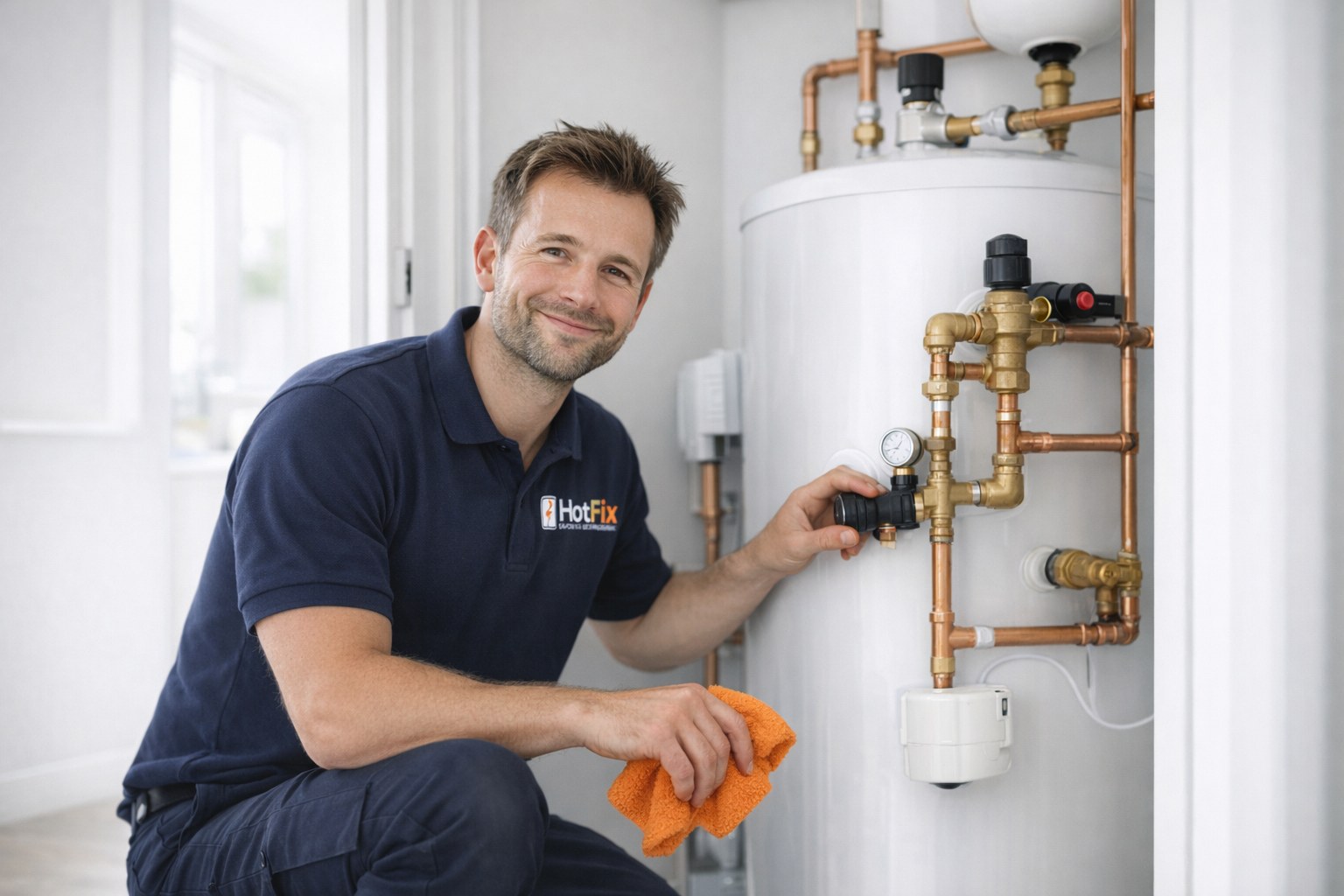 HotFix engineer with a customer beside an electric hot water cylinder in a Manchester apartment