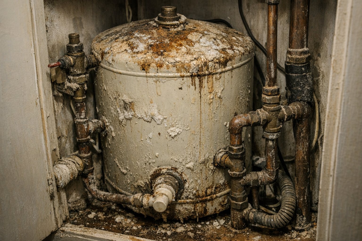 Old hot water cylinder before hot water repairs for landlords in a Manchester apartment