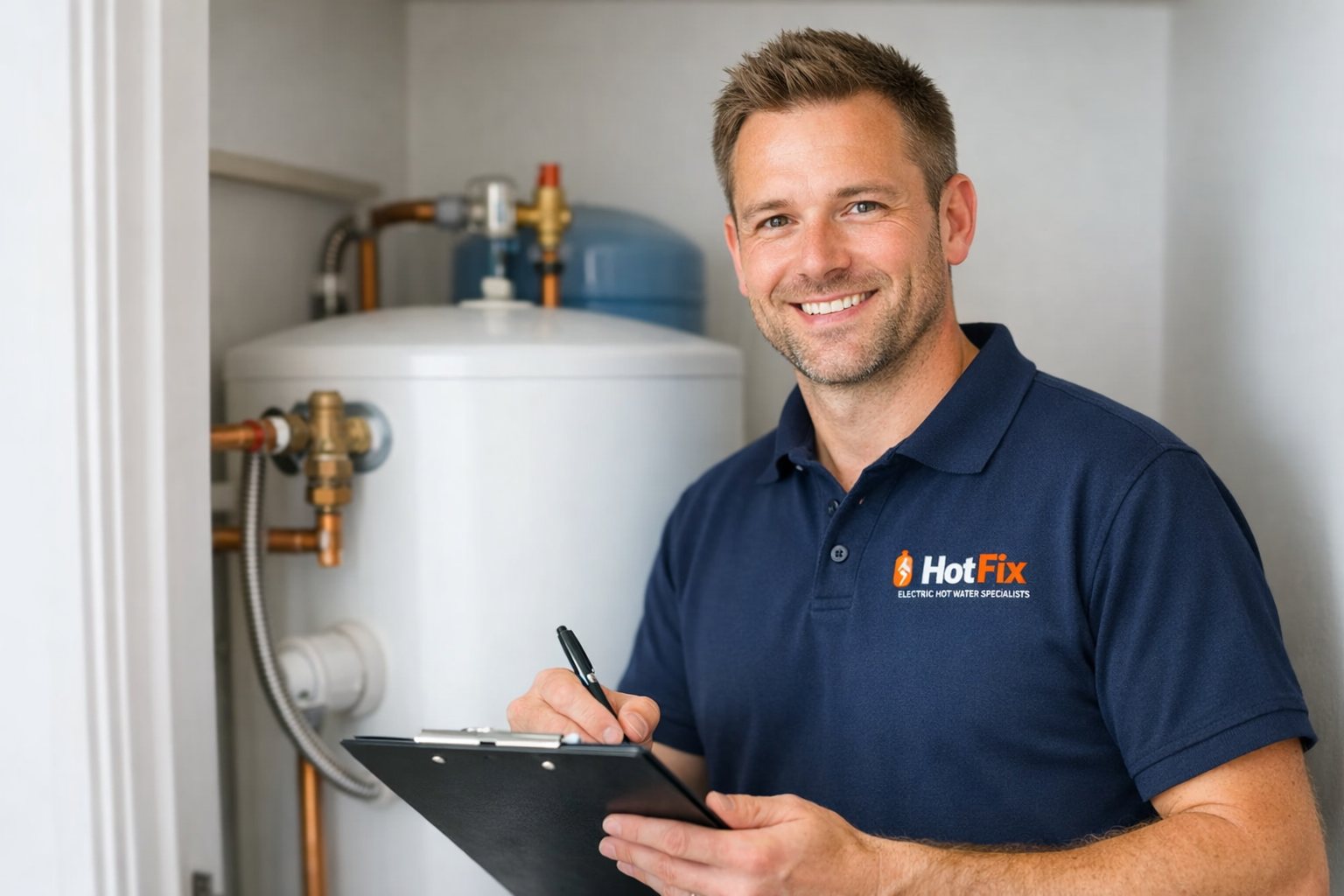 G3 qualified HotFix engineer carrying out hot water repairs for landlords on a hot water cylinder in Manchester