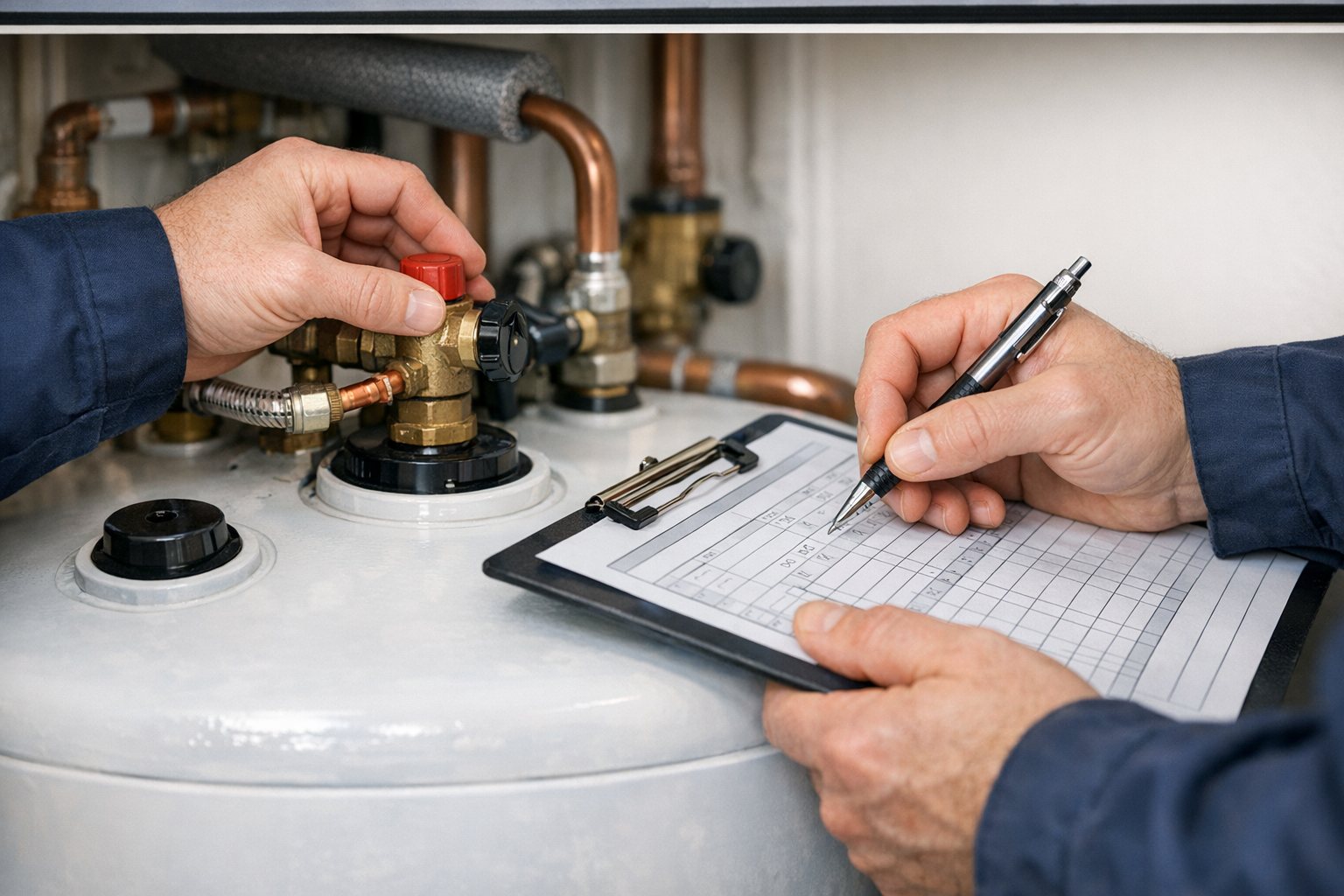 Close-up of HotFix engineer carrying out hot water repairs for landlords on a hot water cylinder in Manchester