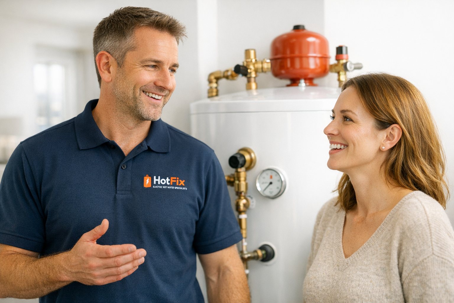 HotFix engineer explaining hot water cylinder work to a Manchester customer