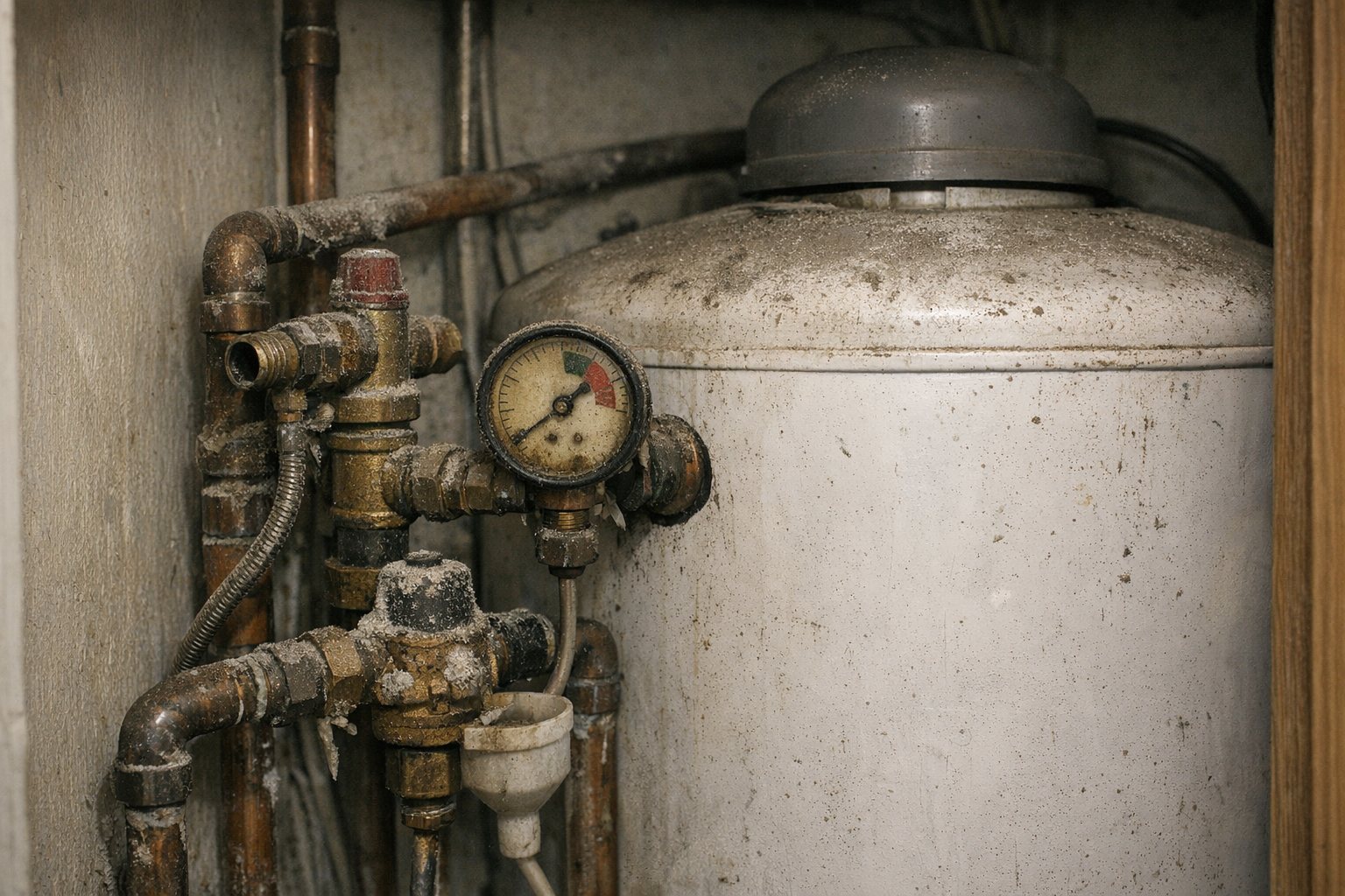 Old hot water cylinder before unvented cylinder servicing in a Manchester apartment
