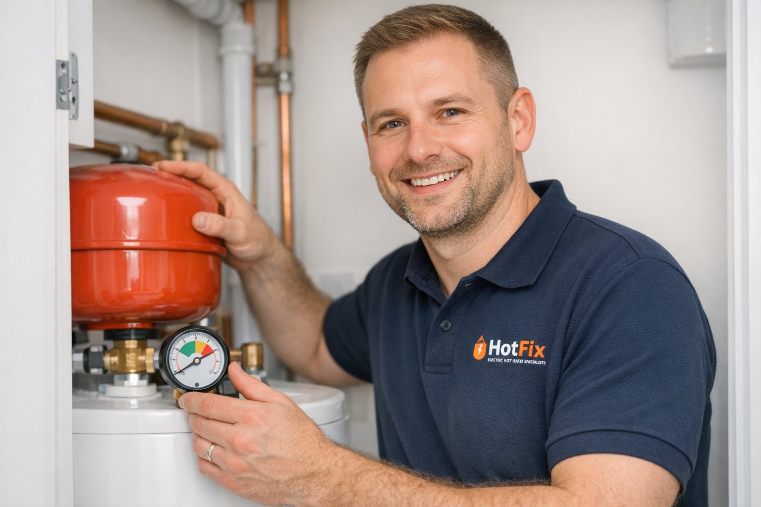 G3 qualified HotFix engineer carrying out unvented cylinder servicing on a hot water cylinder in Manchester