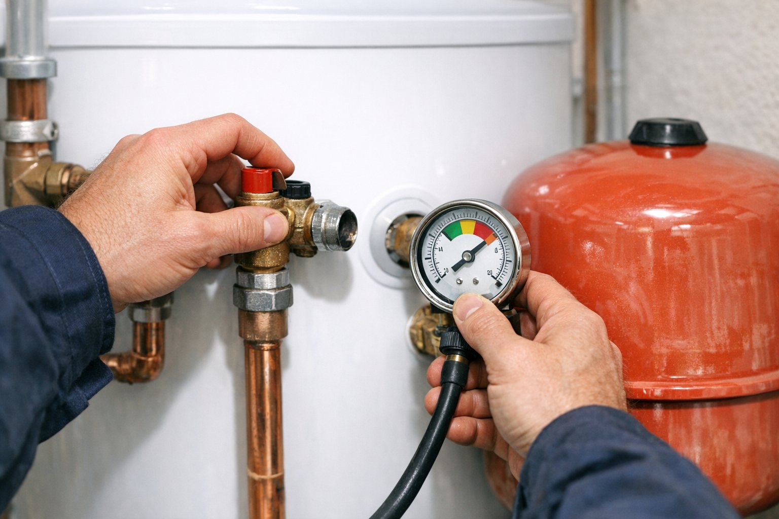Close-up of HotFix engineer carrying out unvented cylinder servicing on a hot water cylinder in Manchester