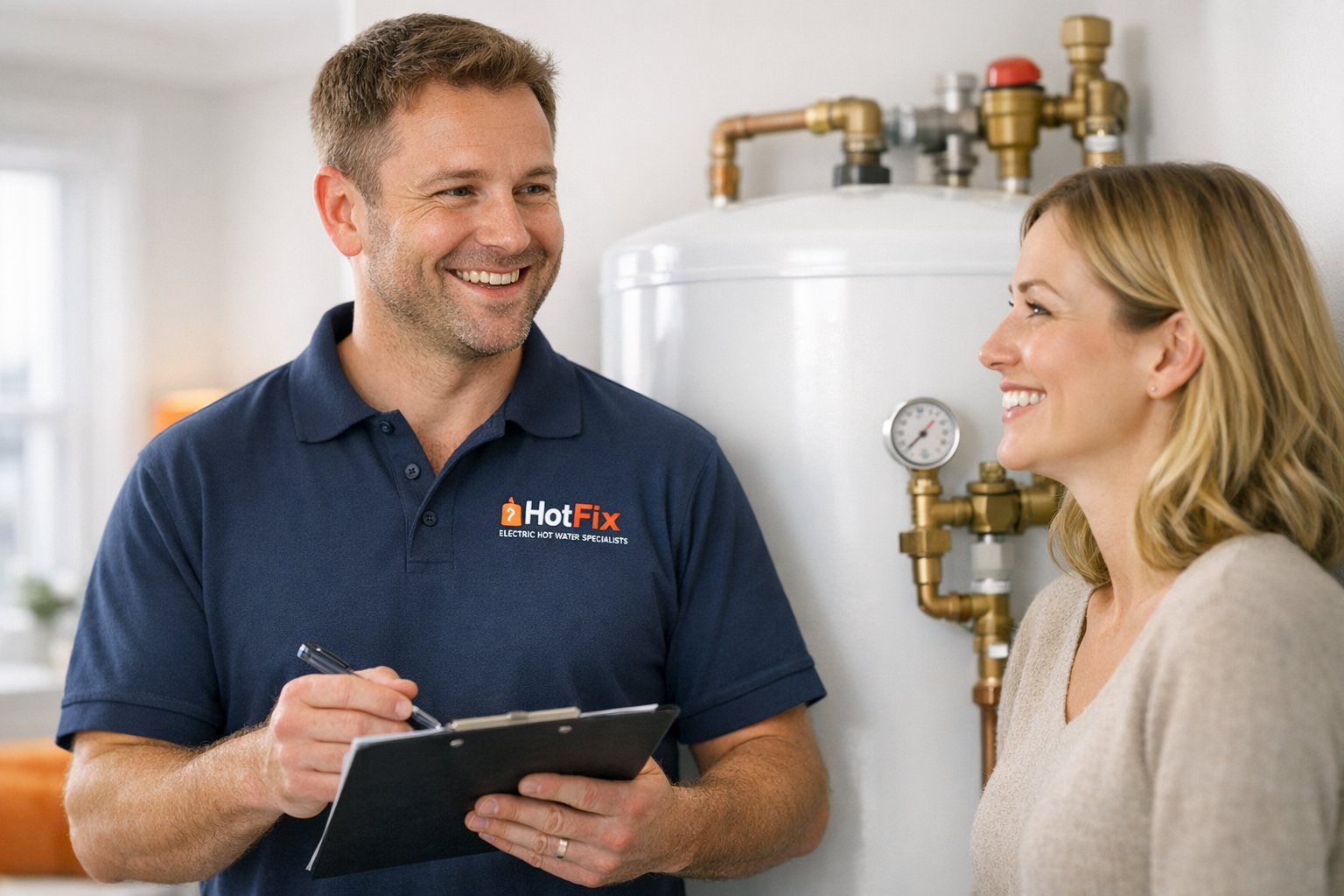 HotFix engineer explaining hot water cylinder work to a Manchester customer