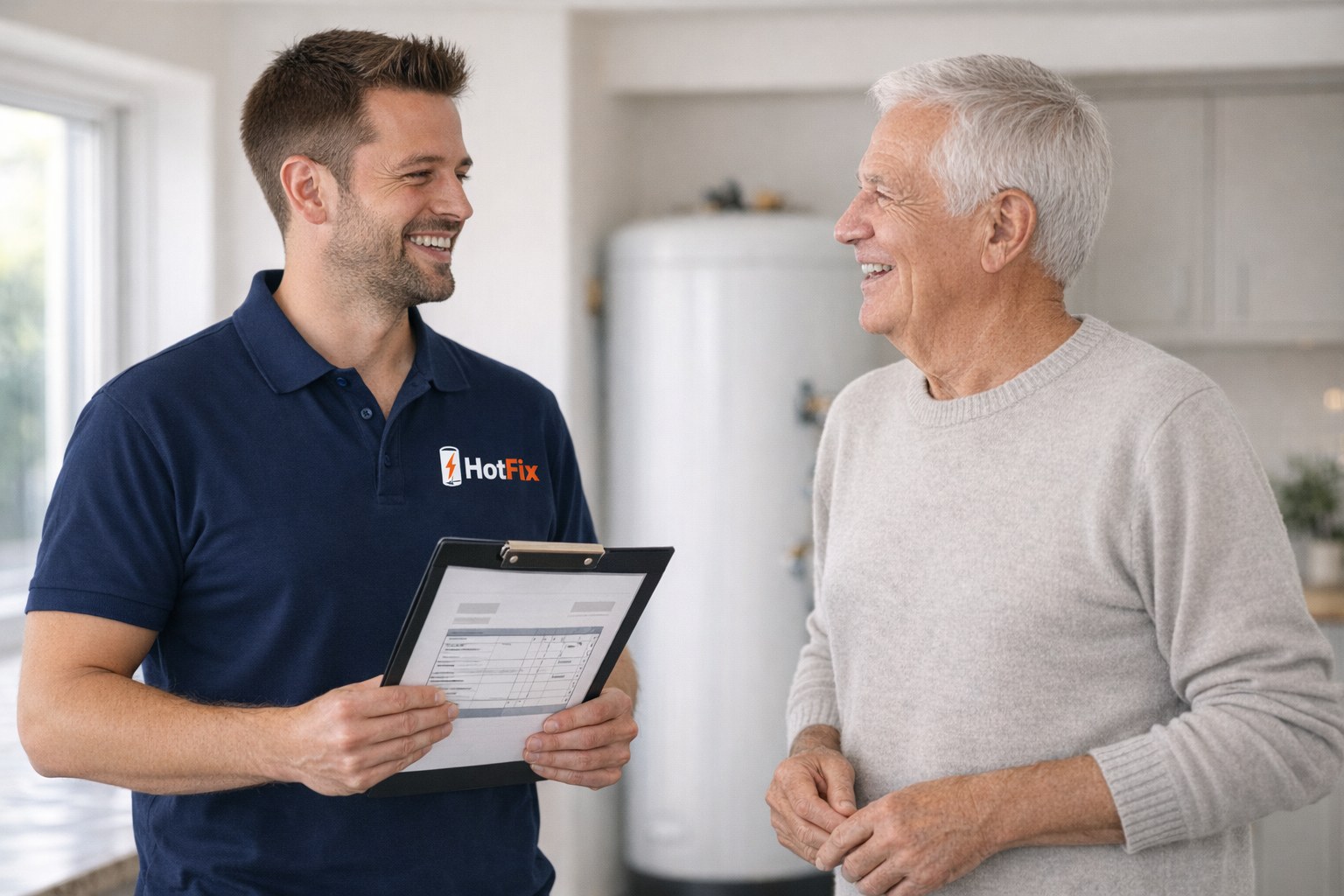 HotFix engineer explaining electric hot water cylinder work to a Manchester customer